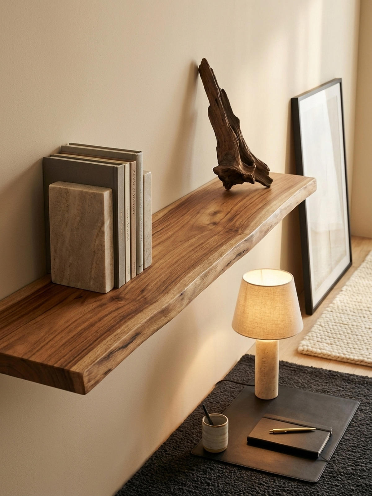 WANDREGAL Akazienholz Baumkante Rustikal, Beige 100x26x4 cm - Beige, Holz (100/4/26cm) - KADIMA DESIGN