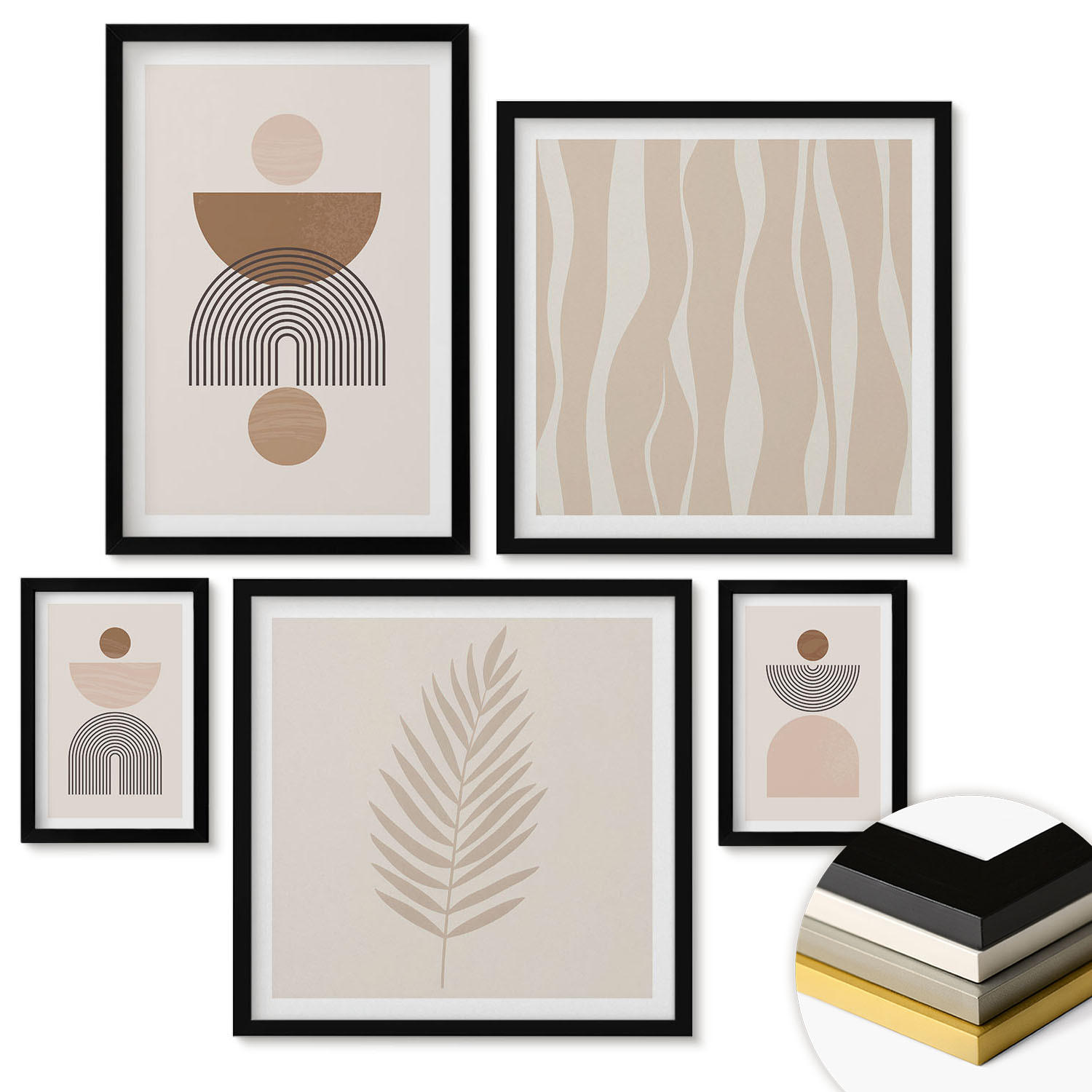 WANDBILDER 5er-Set - 50x50 cm & 20x30 cm & 40x60 cm Schwarzer Rahmen - Abstrakte Formen braun beige - Schwarz, Kunststoff (40/60cm) - ArtPrintCave