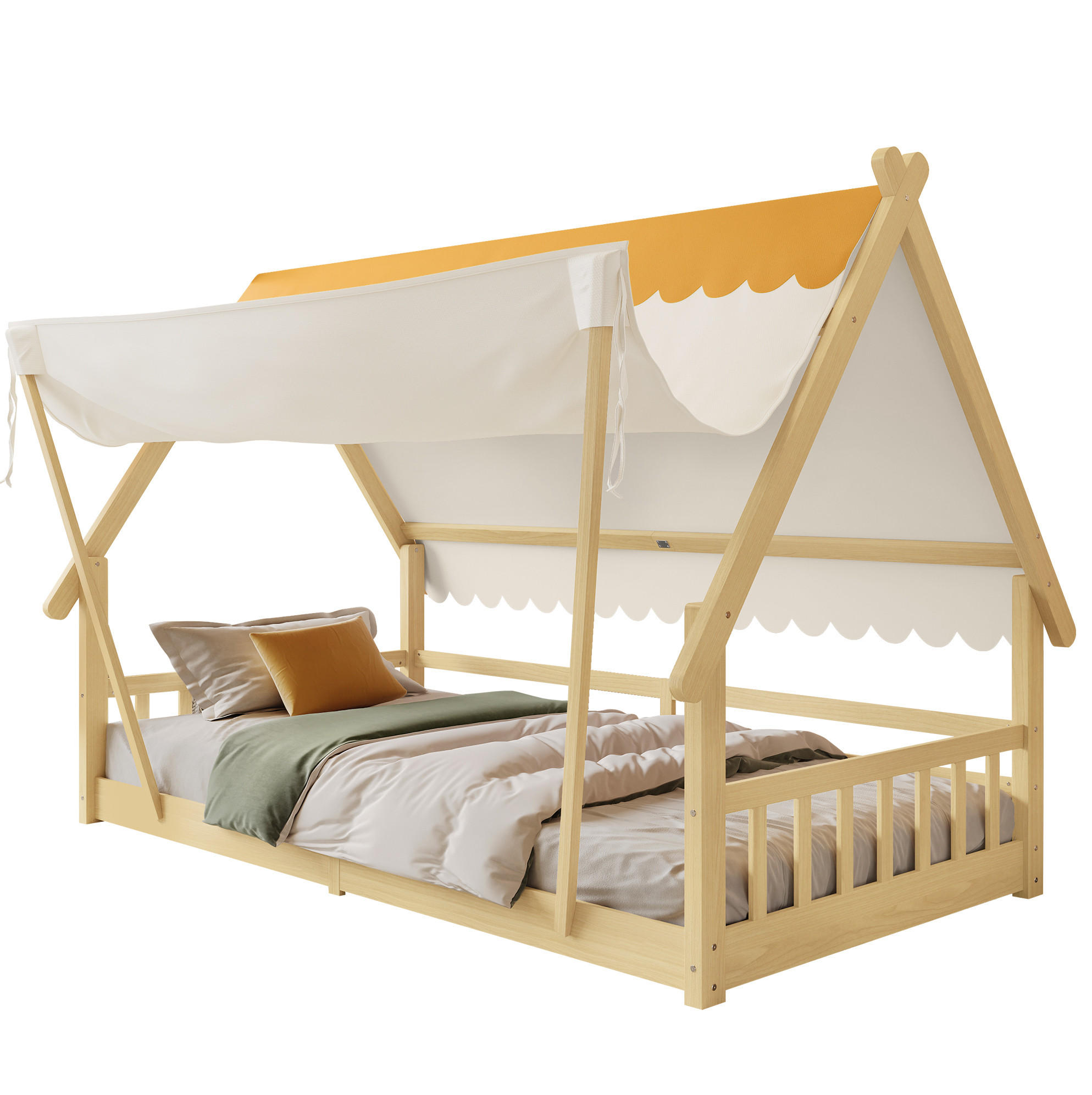 KINDERBETT 90/200 cm mit abnehmbarem Zelt, Sicherheitsgeländer und Holzhausdesign, Weiß/Natur - Weiß, Holz (90/200cm) - Redom