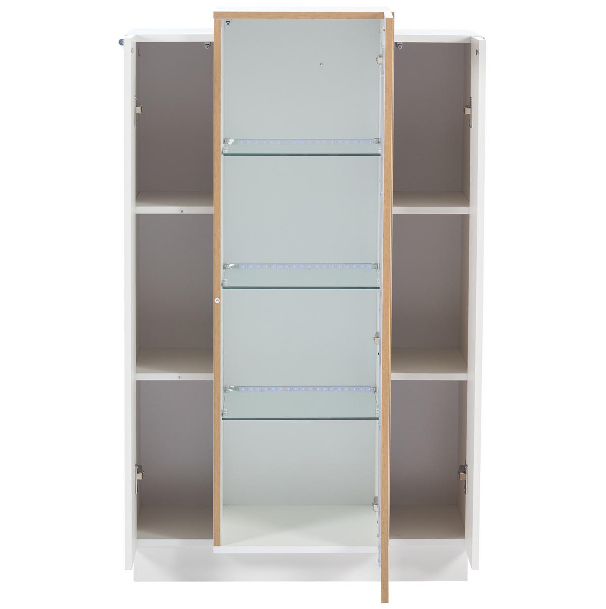 VITRINE aus Spanplatte 74x40x120 cm Weiß/Natur mit LED-Beleuchtung und 3 Türen - Weiß, Holzwerkstoff (74/120/40cm) - IVMEU