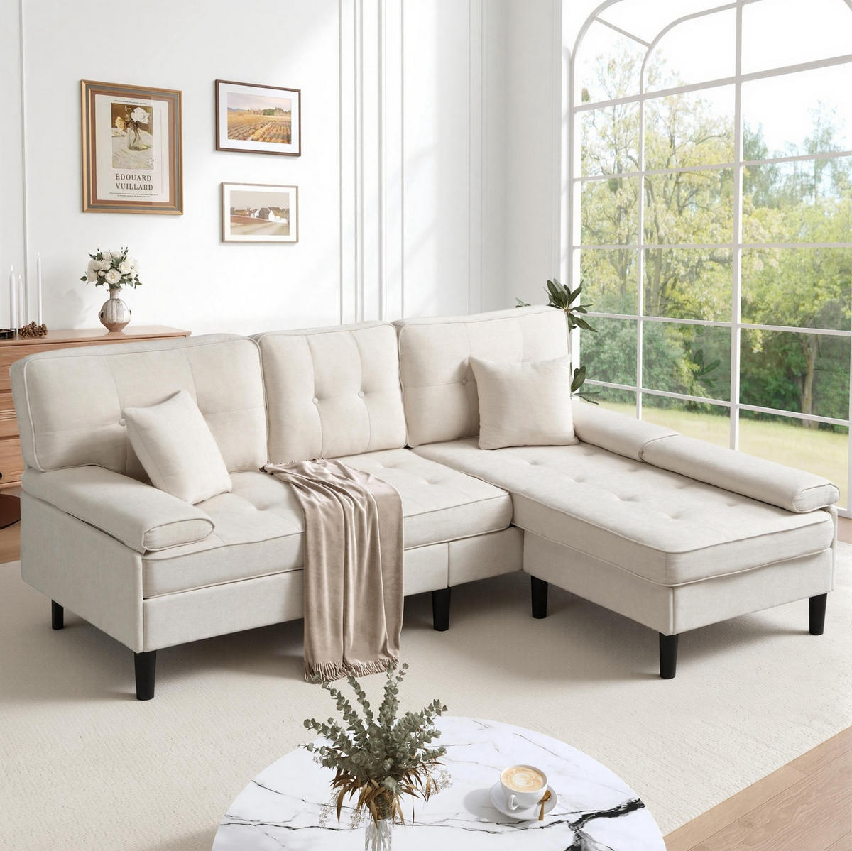 ECKSOFA Chenille mit Fußbank und modularer L-Form 195/149/86 cm Beige - Beige, Textil (149/195cm) - Redom