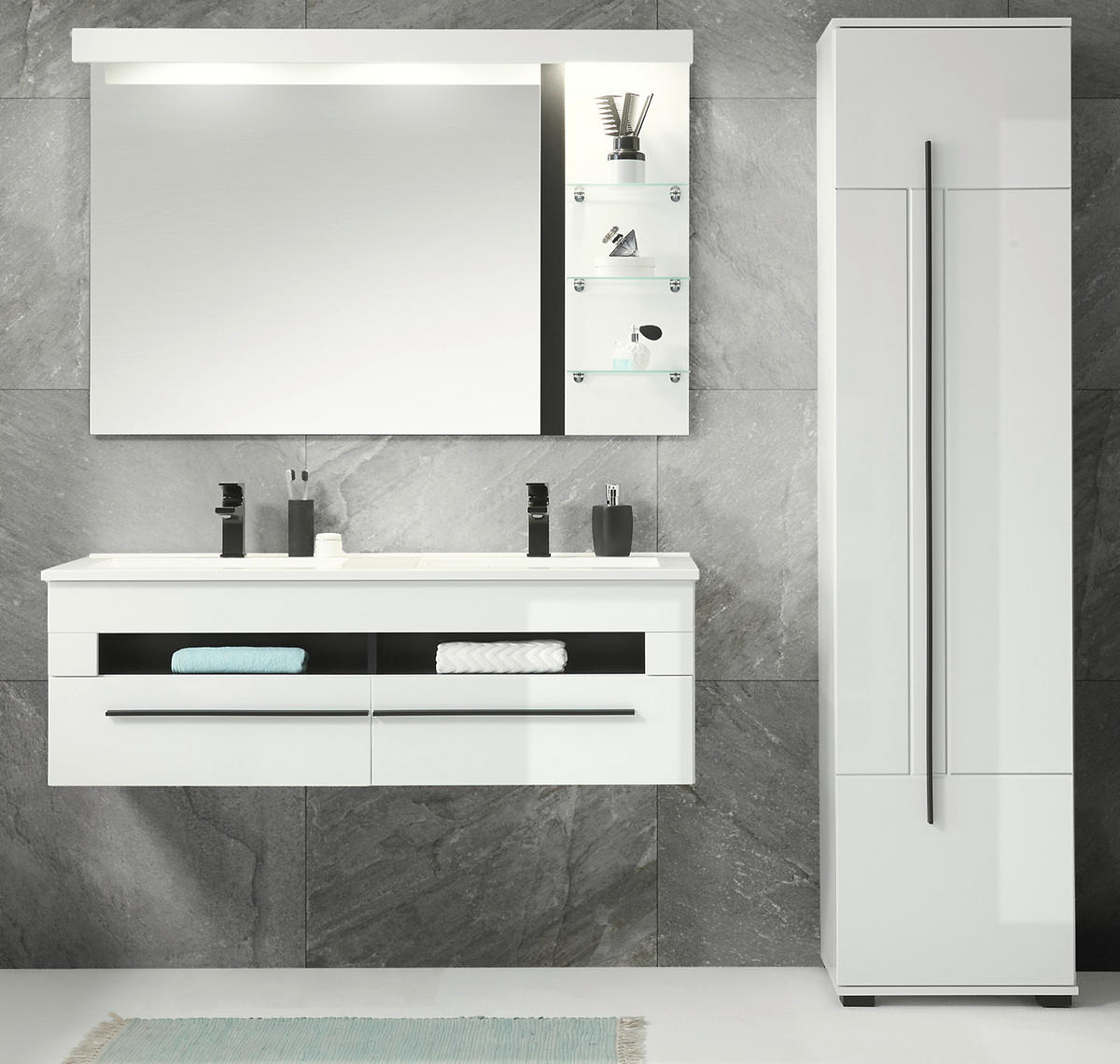 BADMÖBEL-SET weiß Hochglanz schwarz, Badkombination MIT Doppelwaschbecken LED Beleuchtung, 175 x 200 cm - Weiß Hochglanz/Schwarz, Holzwerkstoff/Kunststoff (175/200/45cm) - Furn.Design