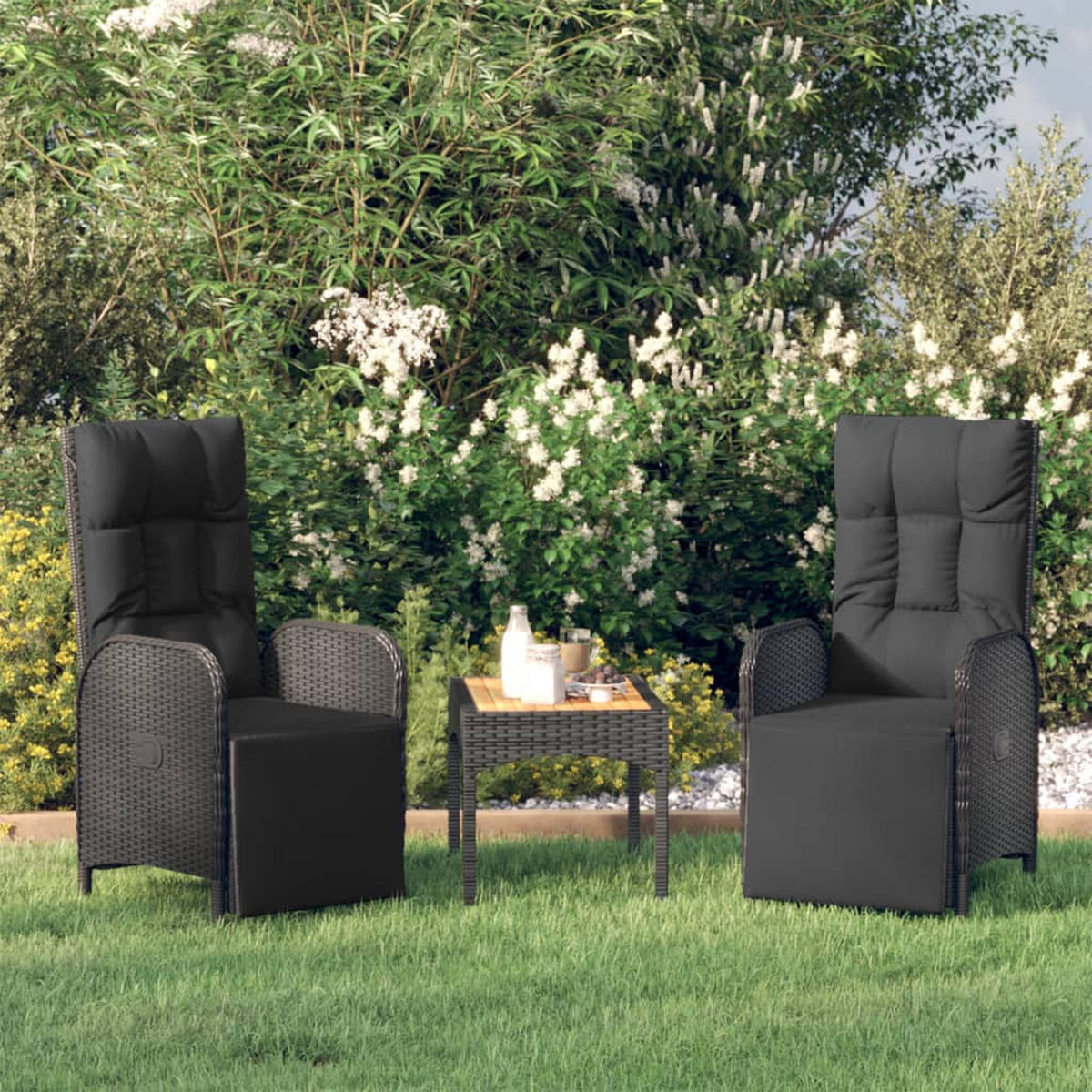 LOUNGEGARNITUR mit Kissen und 60 cm Tisch, aus Poly Rattan, Schwarz, 3-teiliges Set - Schwarz, Kunststoff - vidaXL