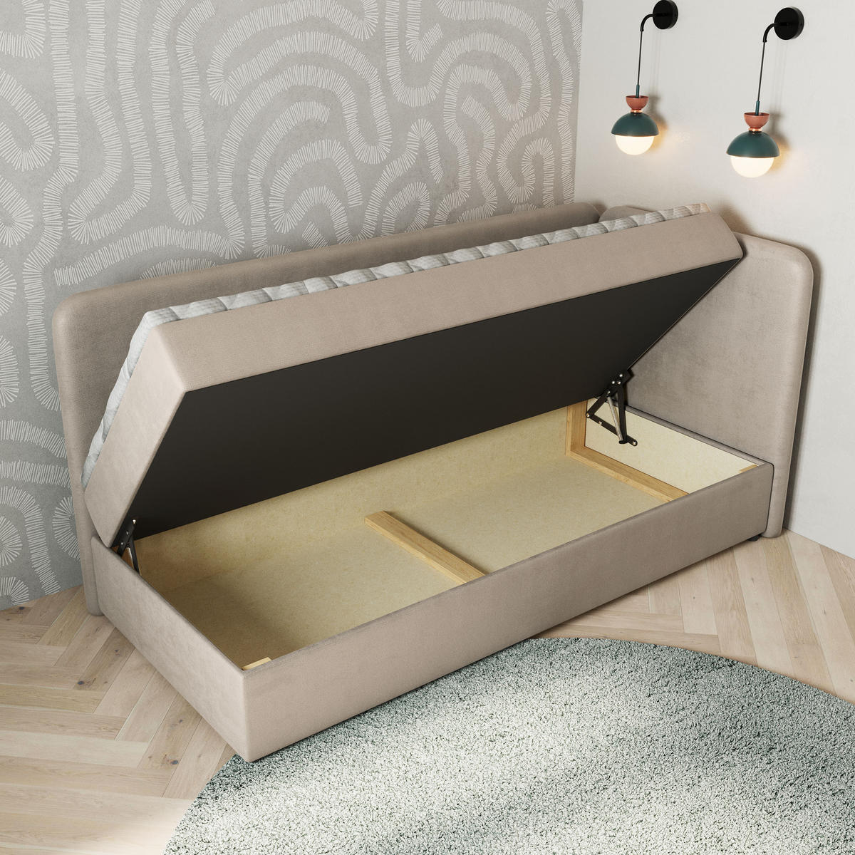 BOXBETT GINA 100x200 cm mit Matratze und Topper, H2+H3 - Beige - Beige, Holz (100/200cm) - MASSENO