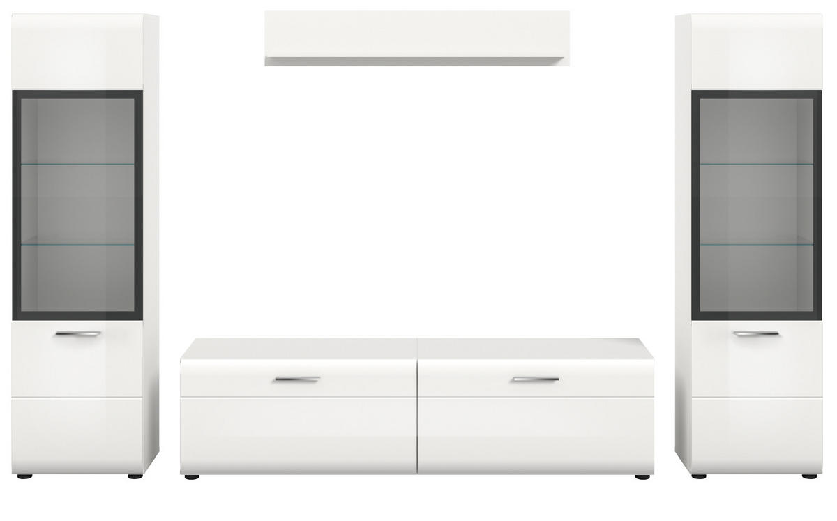 WOHNWAND weiß Hochglanz 4-teilig 280 cm, Schrankwand mit 2 Vitrinen - Weiß Hochglanz/Silberfarben, Glas/Holzwerkstoff (280/160/41cm) - Inn.Furn
