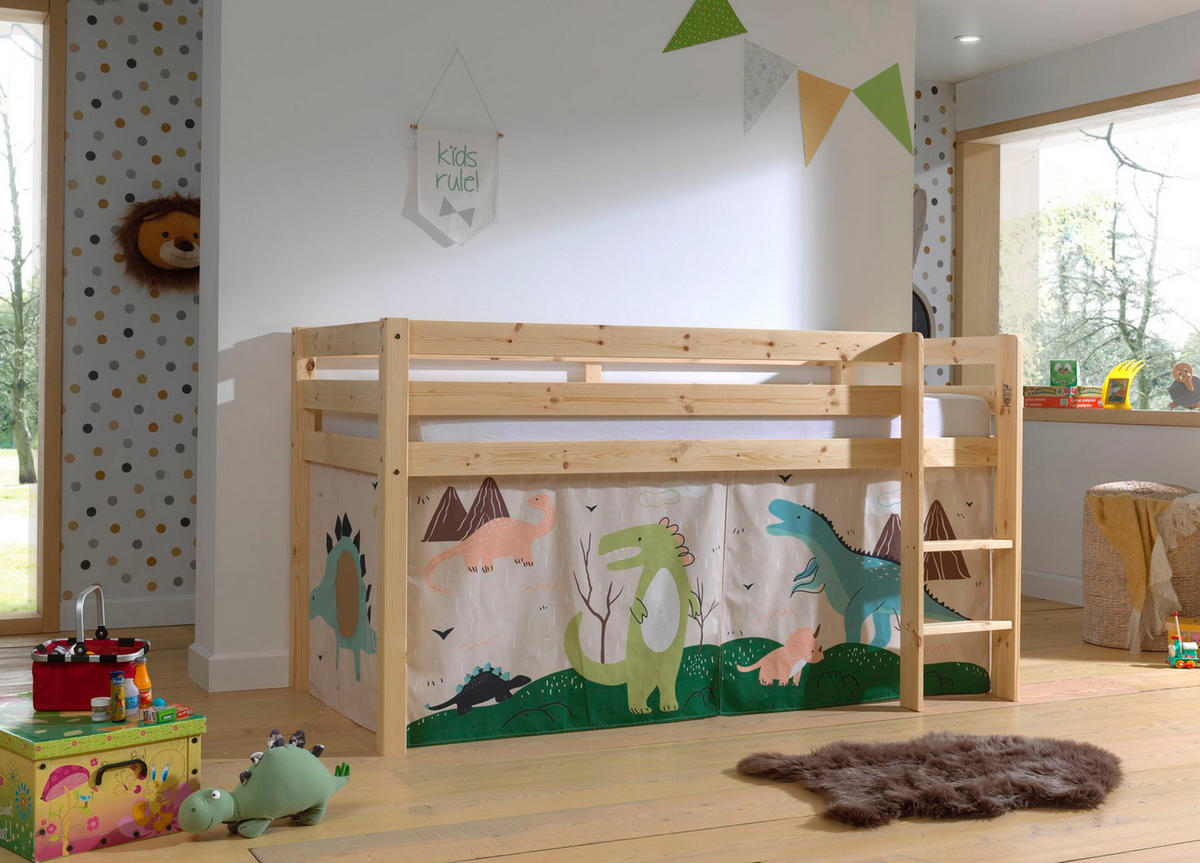 KINDERBETT Karolina 210x114x106 Massivholz Natur Textilset Dino - Mauve/Kieferfarben, Holz (90/200cm) - 58aufmkessel