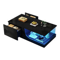 COUCHTISCH 100/50 cm mit 2 Schubladen, LED-Beleuchtung und Glasablage - Schwarz, Holzwerkstoff (100/50/30cm) - BEAOK