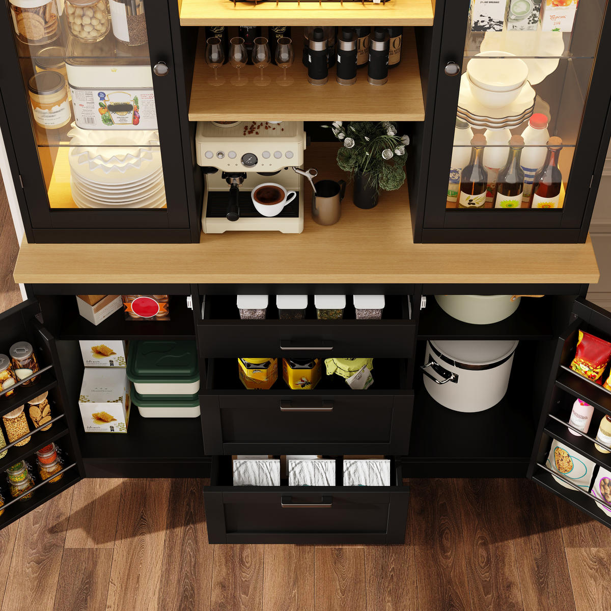 KÜCHENSCHRANK LED App 185x140x40Cm Arbeitsplatte - Schwarz, Holzwerkstoff (140/185/40cm) - FLIEKS