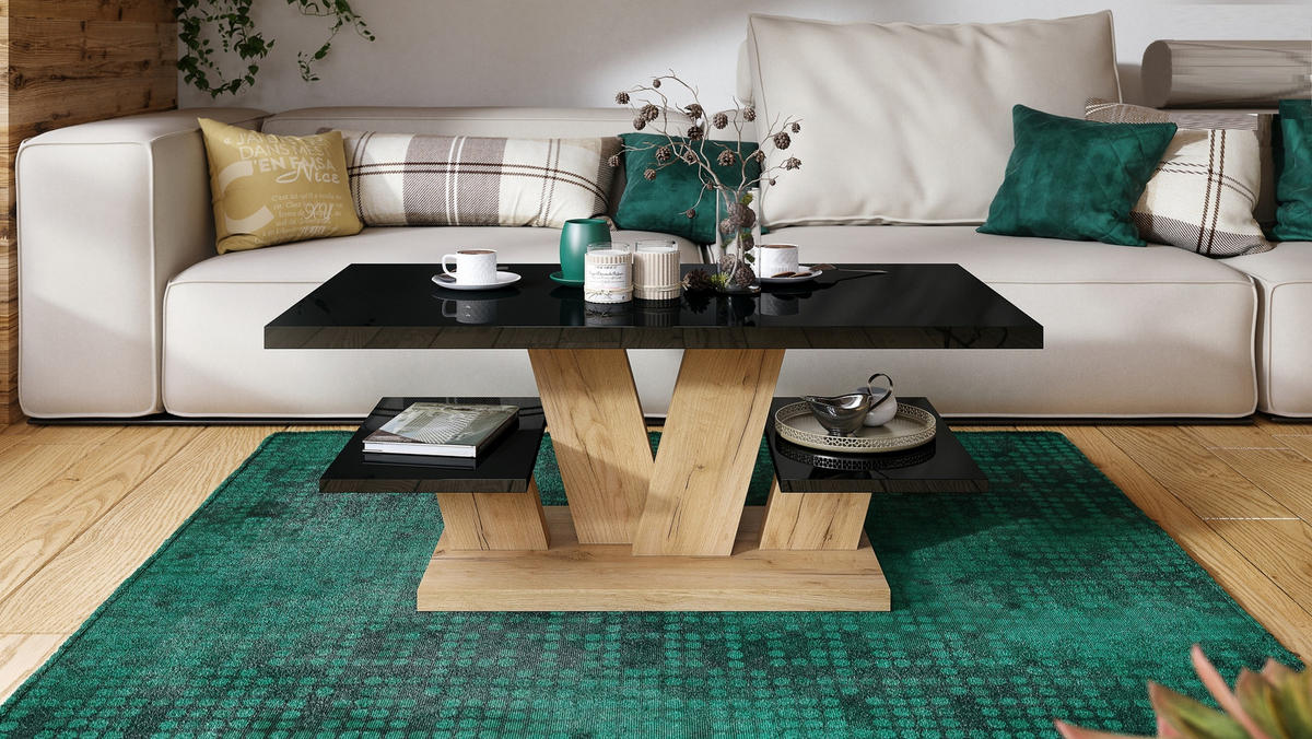 COUCHTISCH rechteckig Schwarz Hochglanz - Eiche Gold 110/60/45 cm - Schwarz Hochglanz, Holzwerkstoff (60/110/45cm) - designimpex