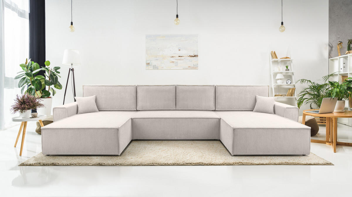 WOHNLANDSCHAFT Cedria Weiß 389/145/85 cm mit Schlaffunktion - Creme/Schwarz, Kunststoff/Textil (389/85/145cm) - AX Living