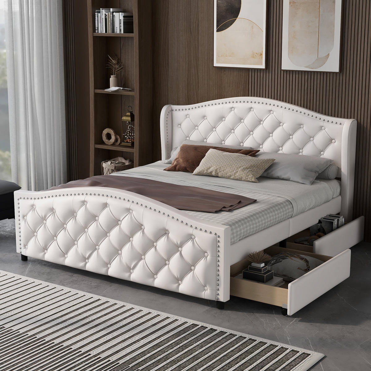 TAPECIRANI krevet 160/200 cm bijeli od PU-a s uzglavljem i 2 ladice - bijela, plastika (160/200cm) - OKWISH