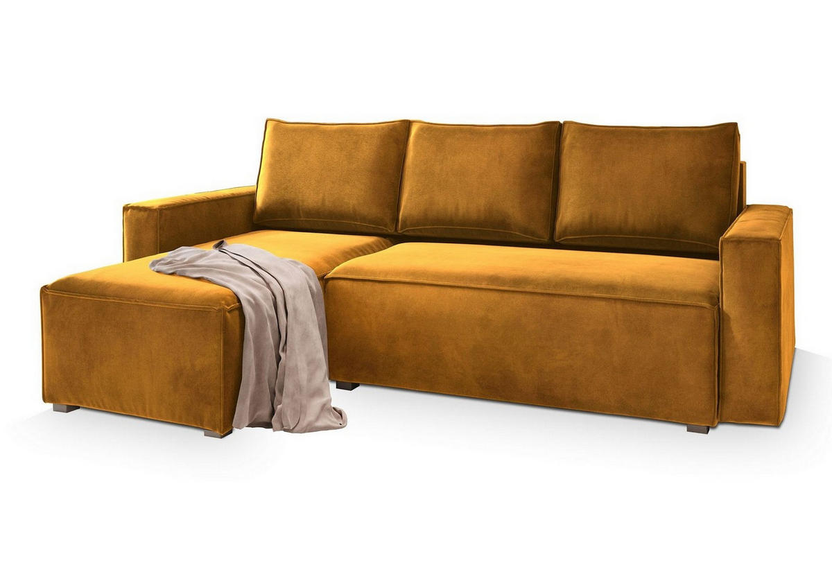 ROHOVÁ SEDAČKA SILES žlutá - šedá/žlutá, dřevo/textil (230/140cm) - MASSENO