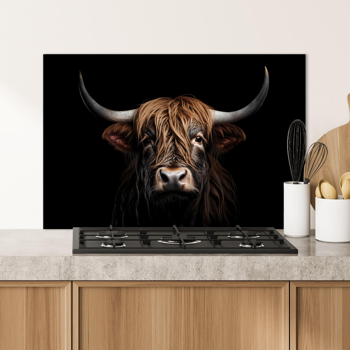 SPRITZSCHUTZ KÜCHE Schottischer Highlander - Porträt - Schwarz - Tier 80x55 cm - Braun, Metall (80/0.3/55cm) - MuchoWow