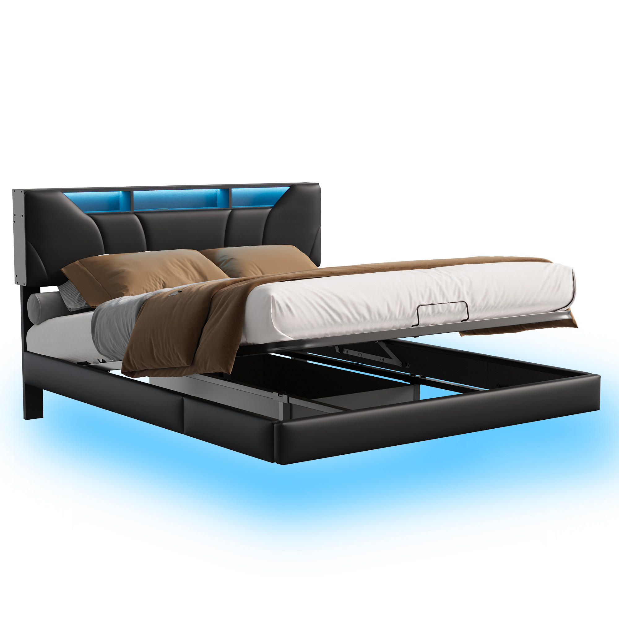 BETT 160x200 cm mit LED und USB, Doppelbett 160x200 cm mit Bettkasten, schwebendes Design, Schwarz PU - Schwarz, Leder/Metall (160/200cm) - GENKI LIVING