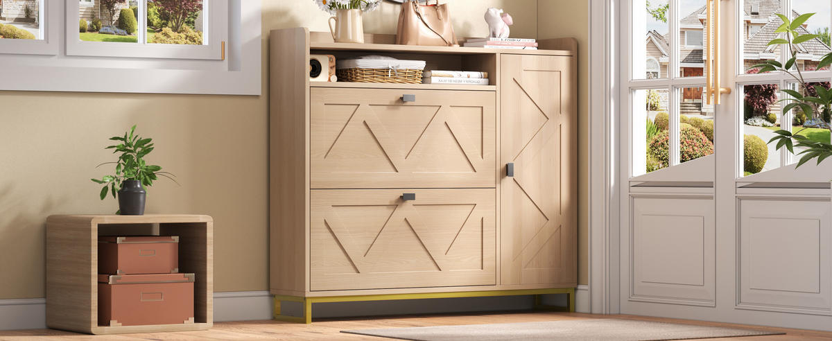 SCHUHSCHRANK 110/24/100 cm Natur aus MDF mit Soft-Close und Metallgestell - Naturfarben, Holzwerkstoff (110/100/24cm) - OKWISH