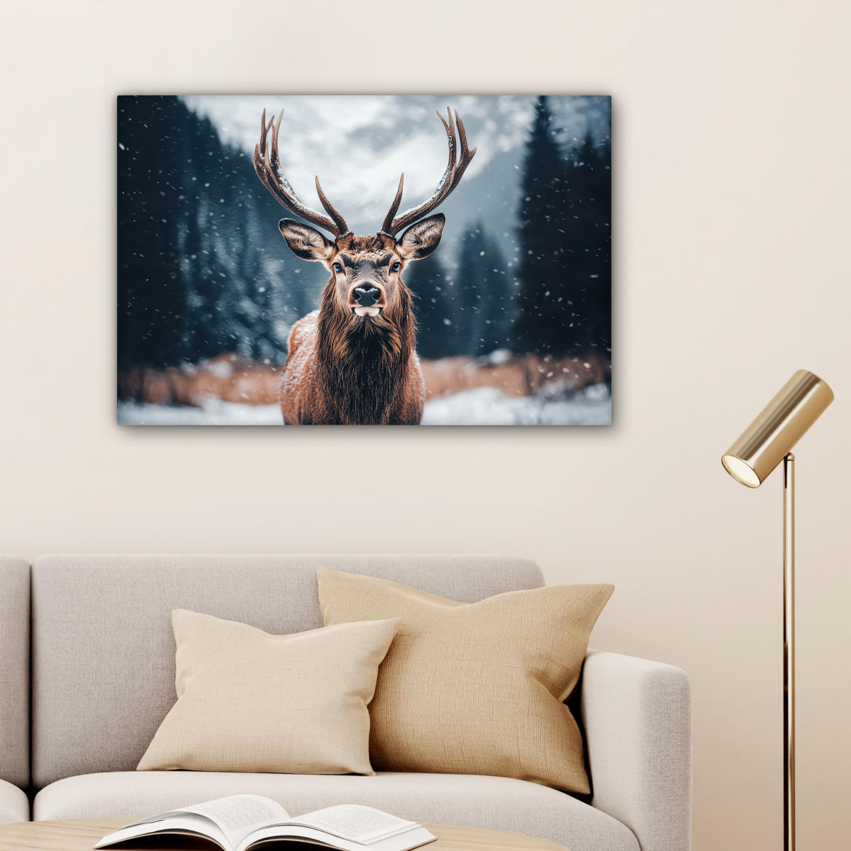 LEINWANDBILD Hirsche - Tiere - Landschaft - Winter - Schnee Wanddeko 90x60 cm - Kastanienfarben, Textil (90/60cm) - MuchoWow