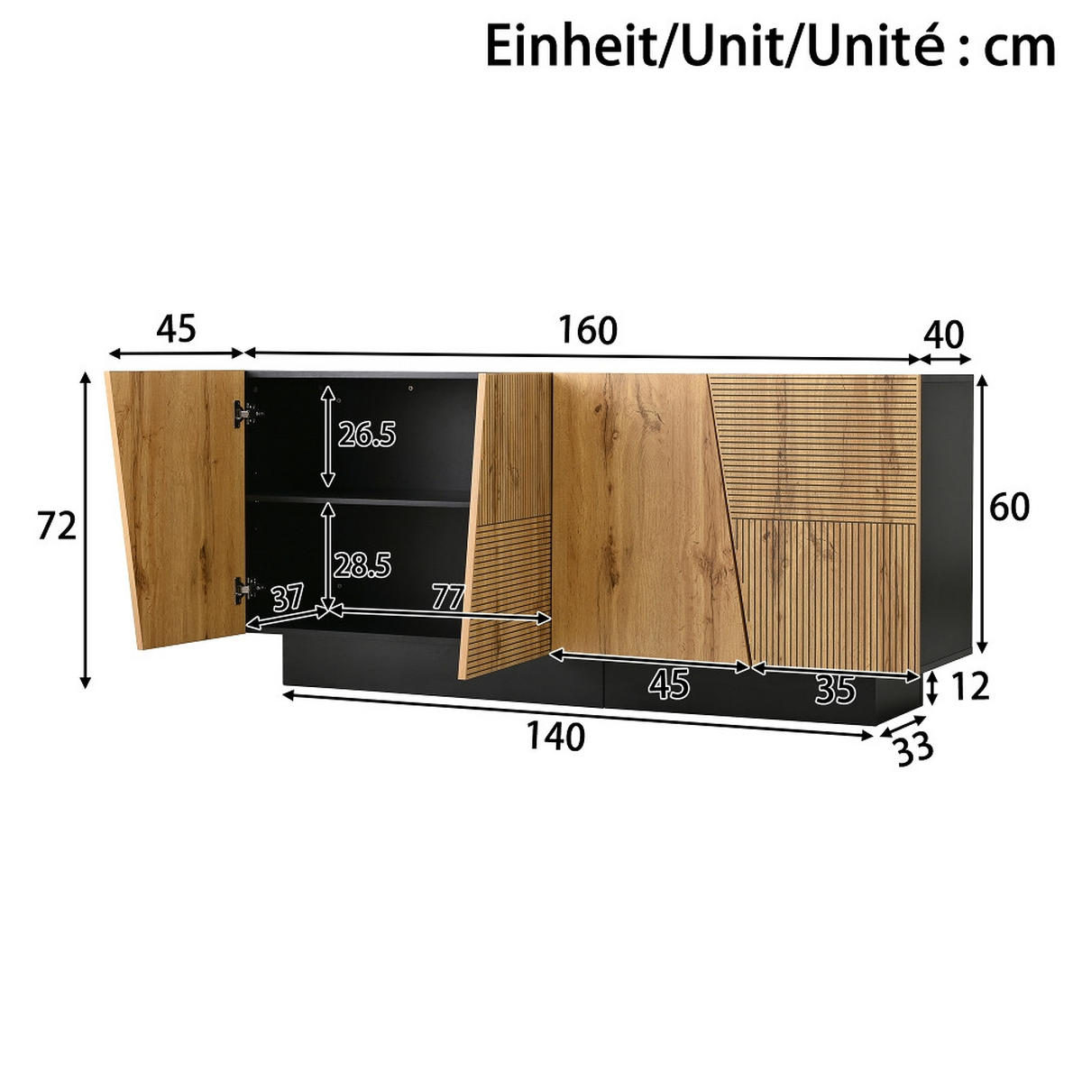 SIDEBOARD 160 cm, MODERNES DESIGN, Aufbewahrungsschrank, Schwarz-Holzfarbe, Wohnzimmer, 160/40/72 cm - Schwarz, Holzwerkstoff (40/72/160cm) - Rolipo