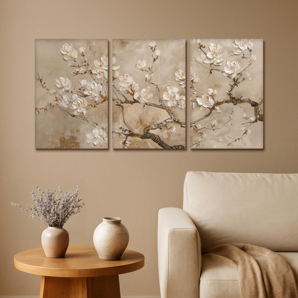 LEINWANDBILD 3er Set Beige - Blüte - Modern 120x60 cm - Greige, Textil (120/60cm) - MuchoWow