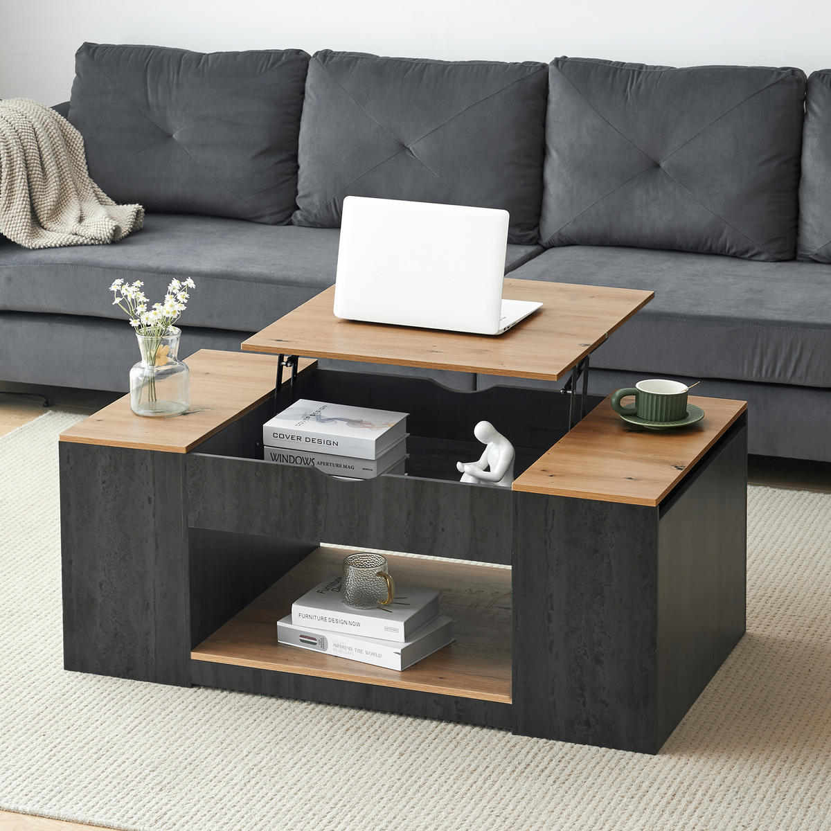 COUCHTISCH, höhenverstellbar mit Stauraum, MDF-Holzmaserung, grauer Korpus, 109,5/59,7/43 cm,Grau - Grau, Holzwerkstoff (59.7/109.5/57.4cm) - Redom