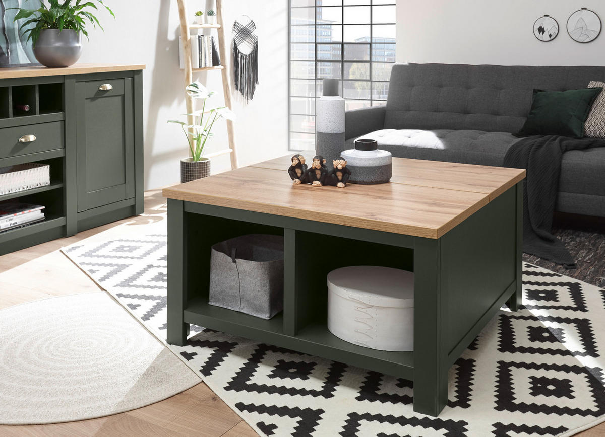COUCHTISCH grün, Wotan Eiche Landhaus, Beistelltisch quadratisch mit Truhe - Dunkelgrün/Eiche Wotan, Holzwerkstoff (93/93/50cm) - Furn.Design