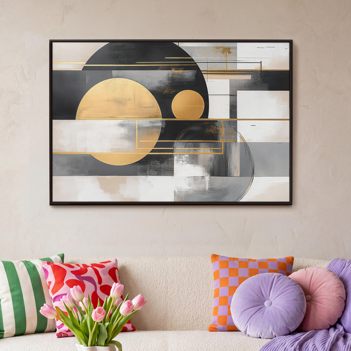 LEINWAND Bilder mit Rahmen - Abstrakt - Gold - Silber - Formen - Ästhetisch - Modern - 90x60 - Goldfarben, Textil (90/60cm) - MuchoWow