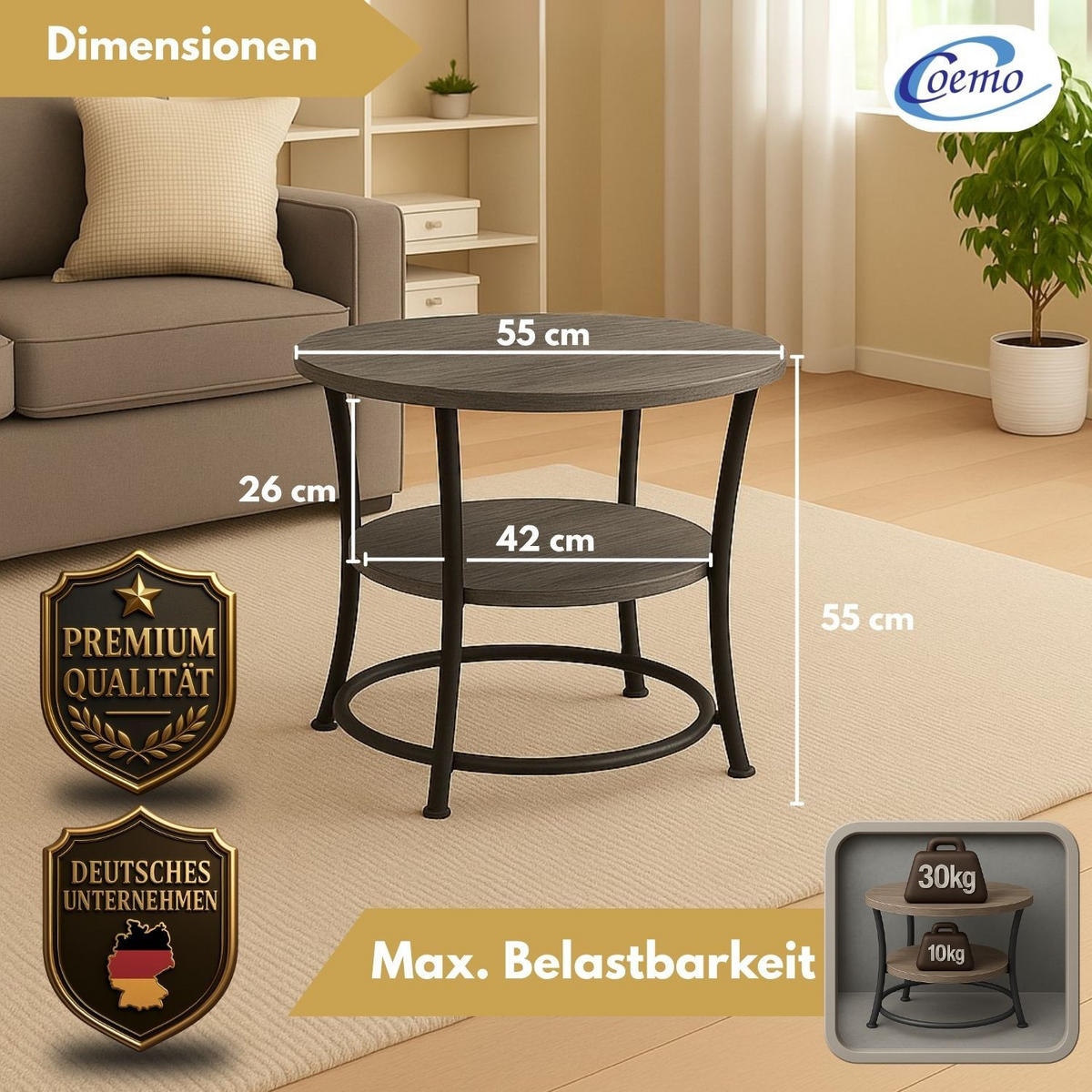 COUCHTISCH TAMY rund Grau 55/55 cm - Grau, Metall (55/55/55cm) - Coemo