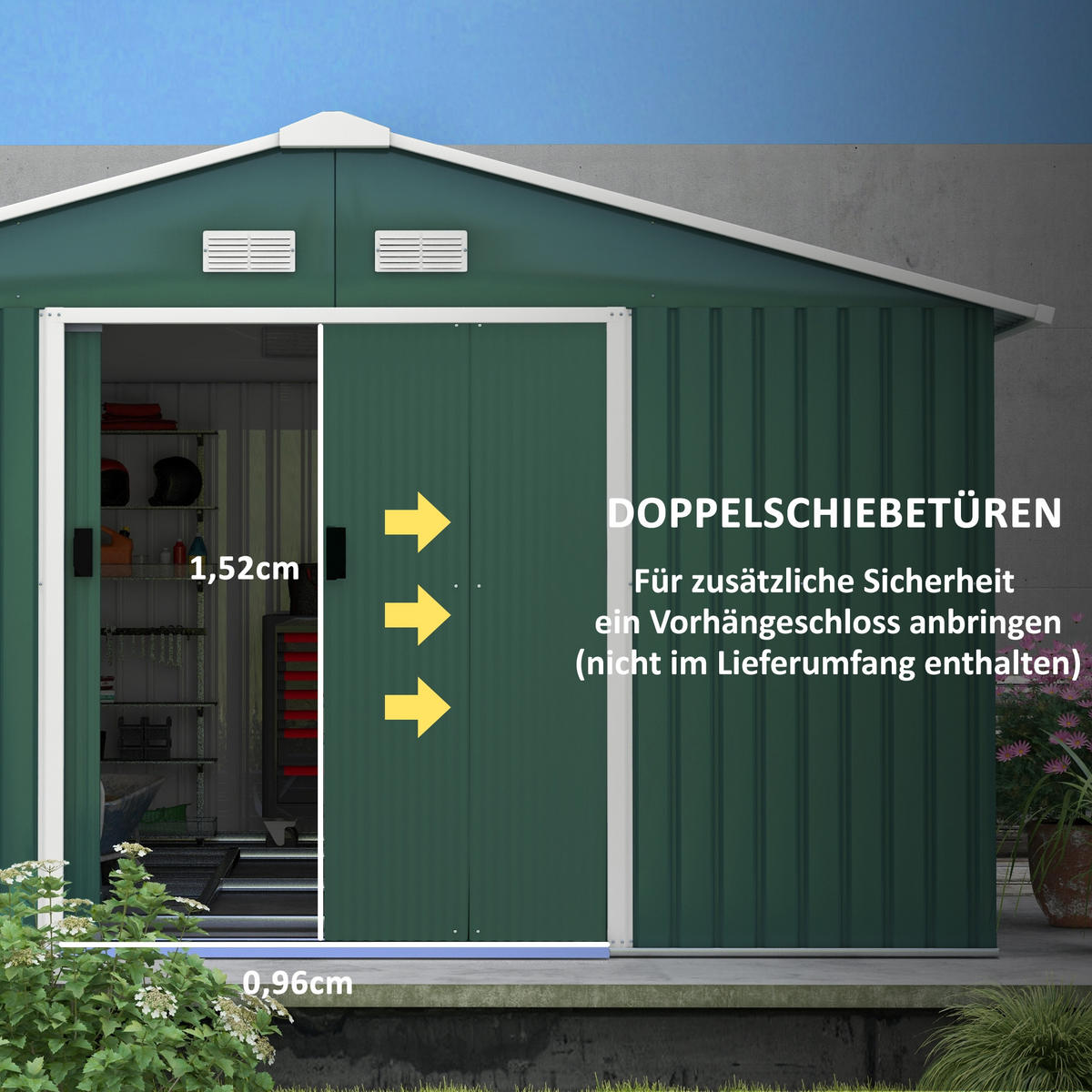 GERÄTEHAUS 386/340/200 cm Dunkelgrün mit Schiebetür und Fundament - Dunkelgrün, Metall (386/200/340cm) - Oxeza