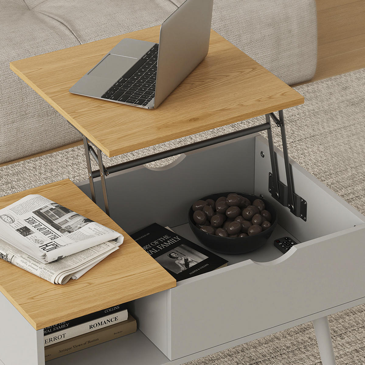 COUCHTISCH Stora Grau 76 x 45 cm mit Liftfunktion - Eichefarben/Grau, Holzwerkstoff (45/76/40cm) - Vicco
