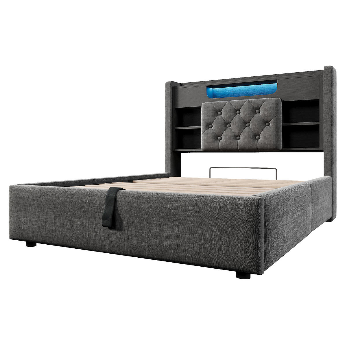 POLSTERBETT 90/200 cm Grau mit LED-Beleuchtung und Stauraum-Kopfteil - Grau, Textil (90/200cm) - Oxeza