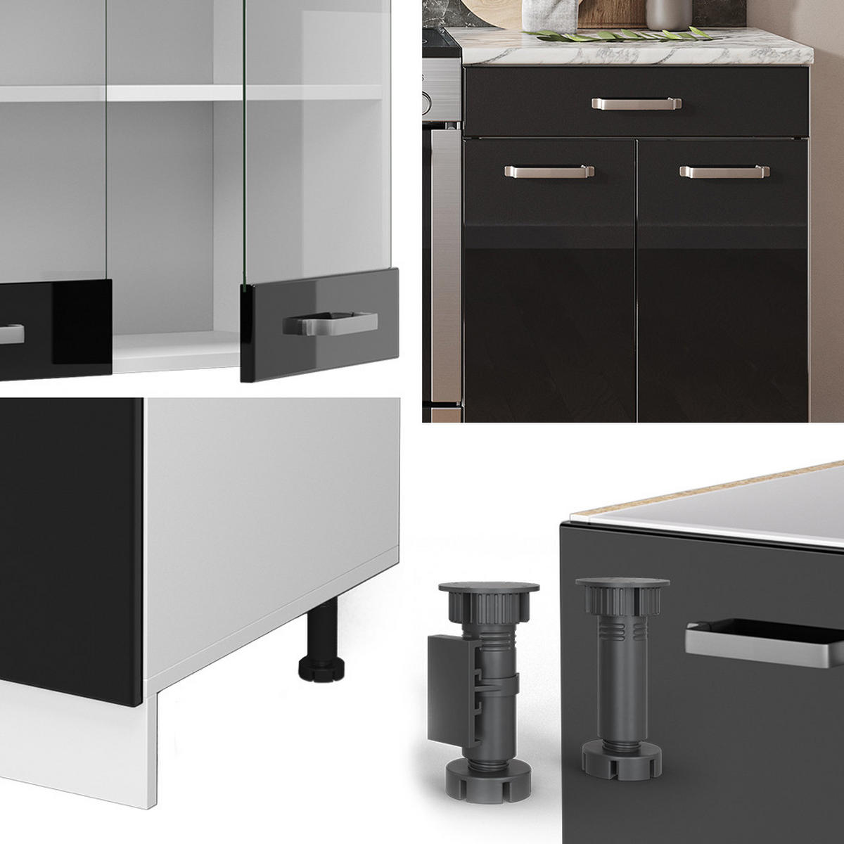 KÜCHENZEILE R-Line Schwarz Hochglanz/Weiß 200 cm, AP Eiche - Schwarz Hochglanz/Weiß, Holzwerkstoff (200/81.6/60cm) - Vicco