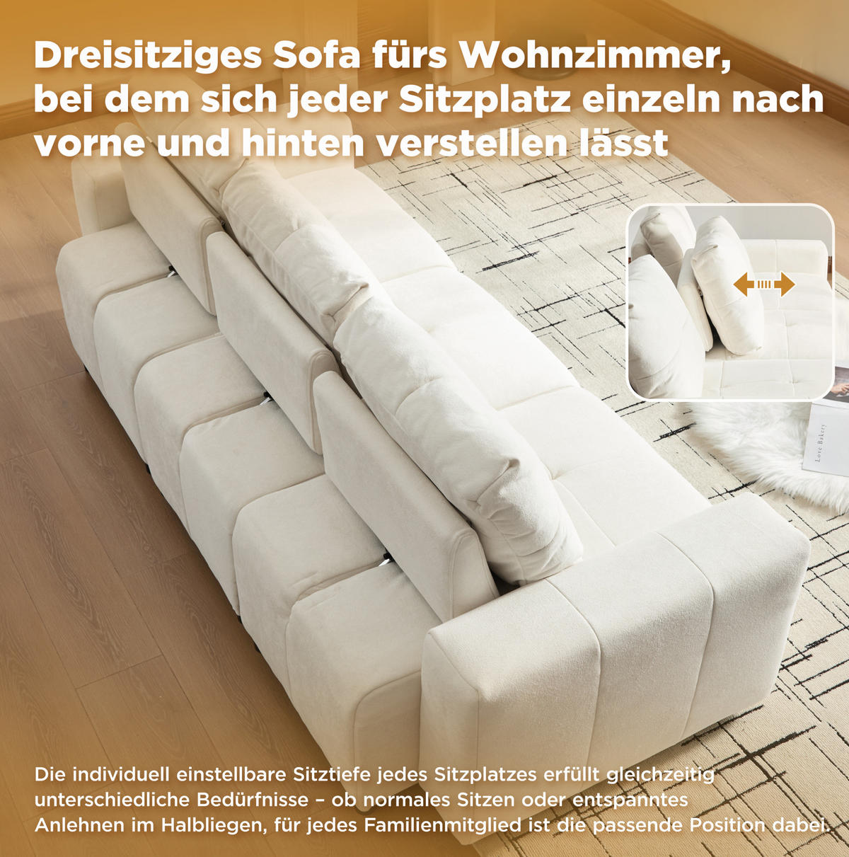 3-SITZER-SOFA aus Chenille 213x94x84 cm Beige-Weiß mit Schlaffunktion, verstellbarer Sitztiefe und hoher Belastbarkeit - Beige, Kunststoff (213/84/94cm) - Modfu