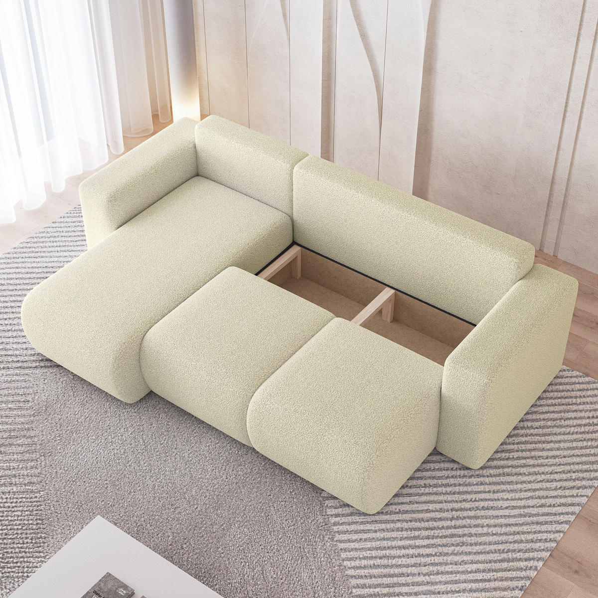 ECKSOFA RINOVA Creme Boucle-Stoff mit Schlaffunktion - Creme, Holz (250/143cm) - MASSENO