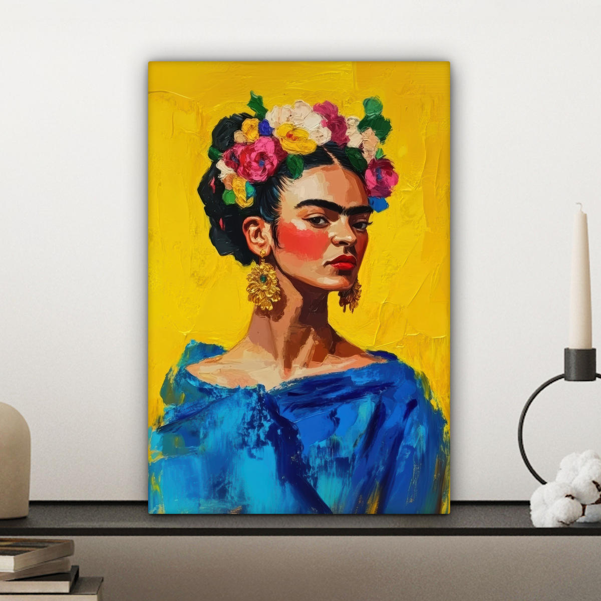 LEINWANDBILD Frida Kahlo - Frau - Gelb - Blau - Blumen 20x30 cm - Gelb, Textil (20/30cm) - MuchoWow