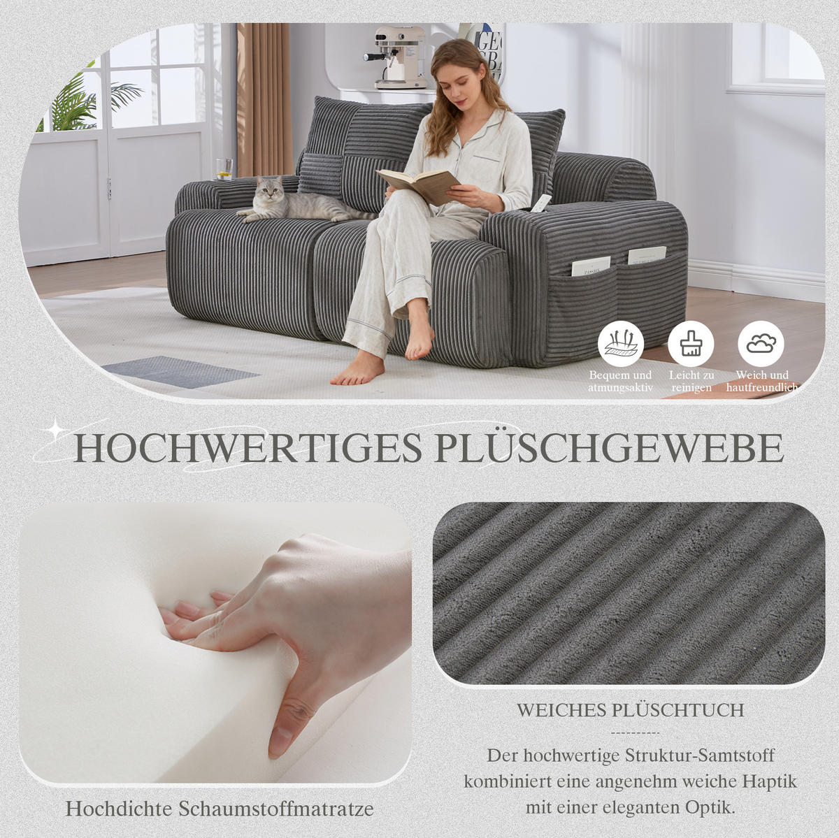 2-SITZER Sofa Cordstoff mit Getränkehalter und Seitentasche 200/99/80 cm Dunkelgrau - Dunkelgrau, Textil (99/80/200cm) - Redom