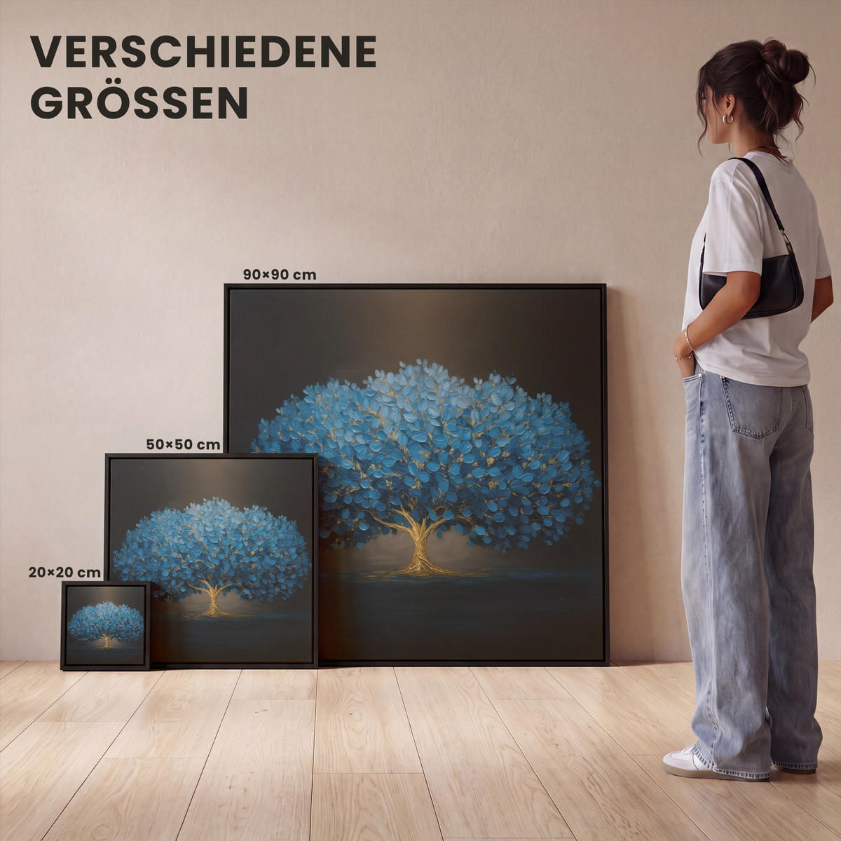 LEINWAND Bilder mit Rahmen - Baum - Blau - Blätter - Pinselstriche - 20x20 - Blau, Textil (20/20cm) - MuchoWow