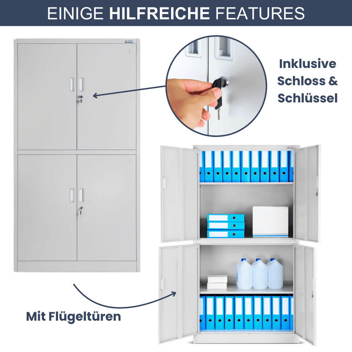METALLSCHRANK abschließbar DOPLO mit Flügeltüren 185x90x40cm Grau - Grau, Metall (90/185/40cm) - DELUKE