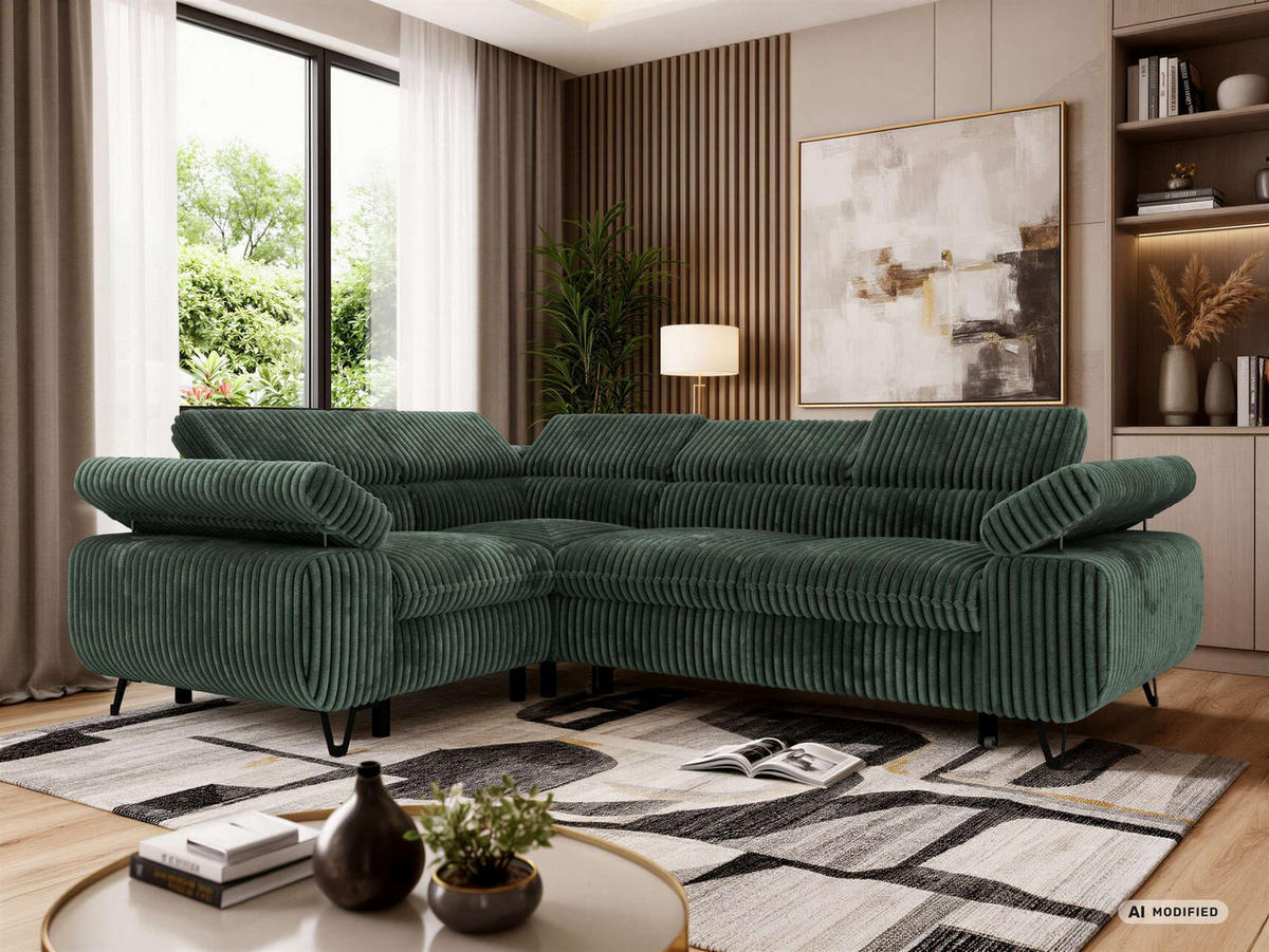 ECKSOFA FALCO L - Dunkelgrün Cord - Links Seite - Dunkelgrün/Schwarz, Textil/Metall (197/268cm) - MKS