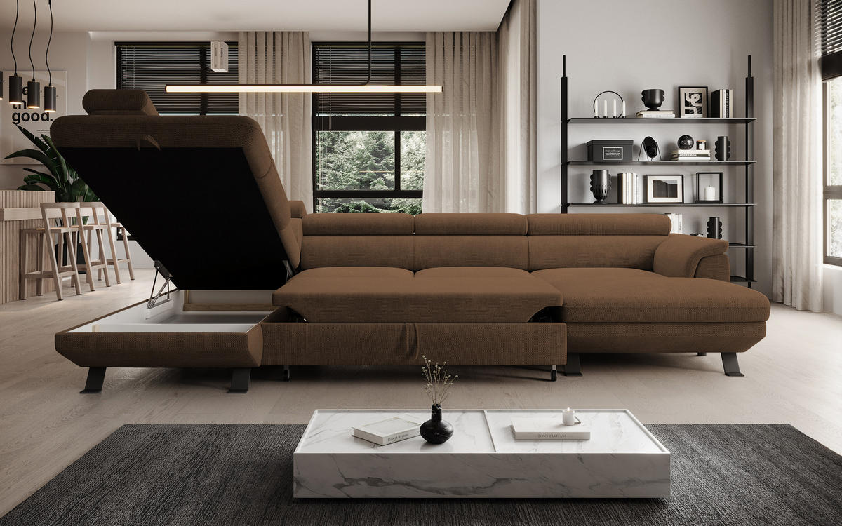 ECKSCHLAFSOFA Raven XL, Verstellbaren Kopfstützen, Bettkasten, Großes Sofa 334x198x162cm Linke, Rost - Rostfarben, Holz/Textil (198/334cm) - DomoHome