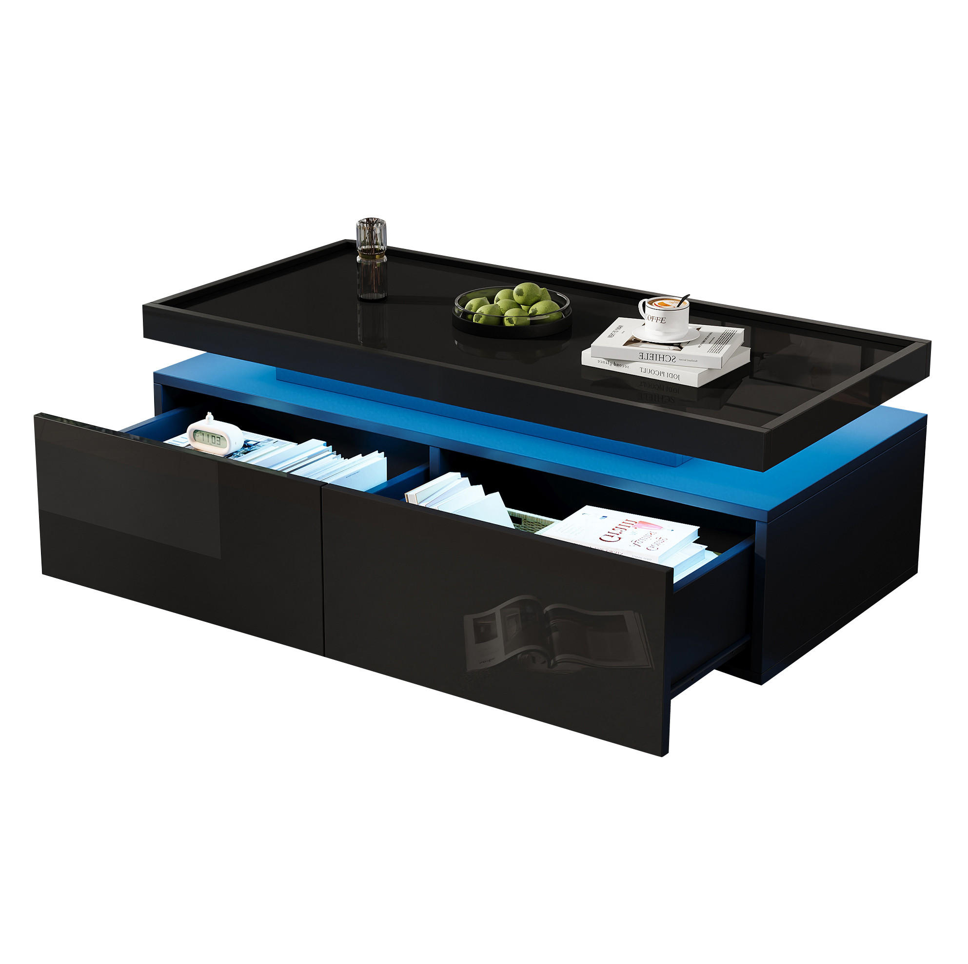 COUCHTISCH aus Spanplatte 95x45x35 cm in Schwarz mit LED & 2 Schubladen - Schwarz, Holzwerkstoff (95/45/35cm) - Modfu