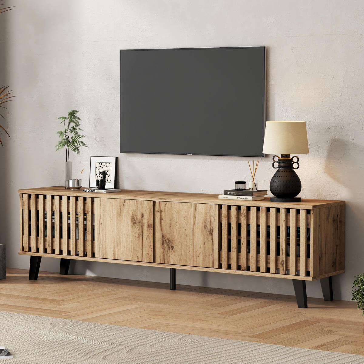 TV-SCHRANK aus Spanplatte 180x40x55 cm Naturholzfarben mit 8 Fächern, 4 Türen und offener Ablage - Hellbraun, Holzwerkstoff (180/55/40cm) - Modfu
