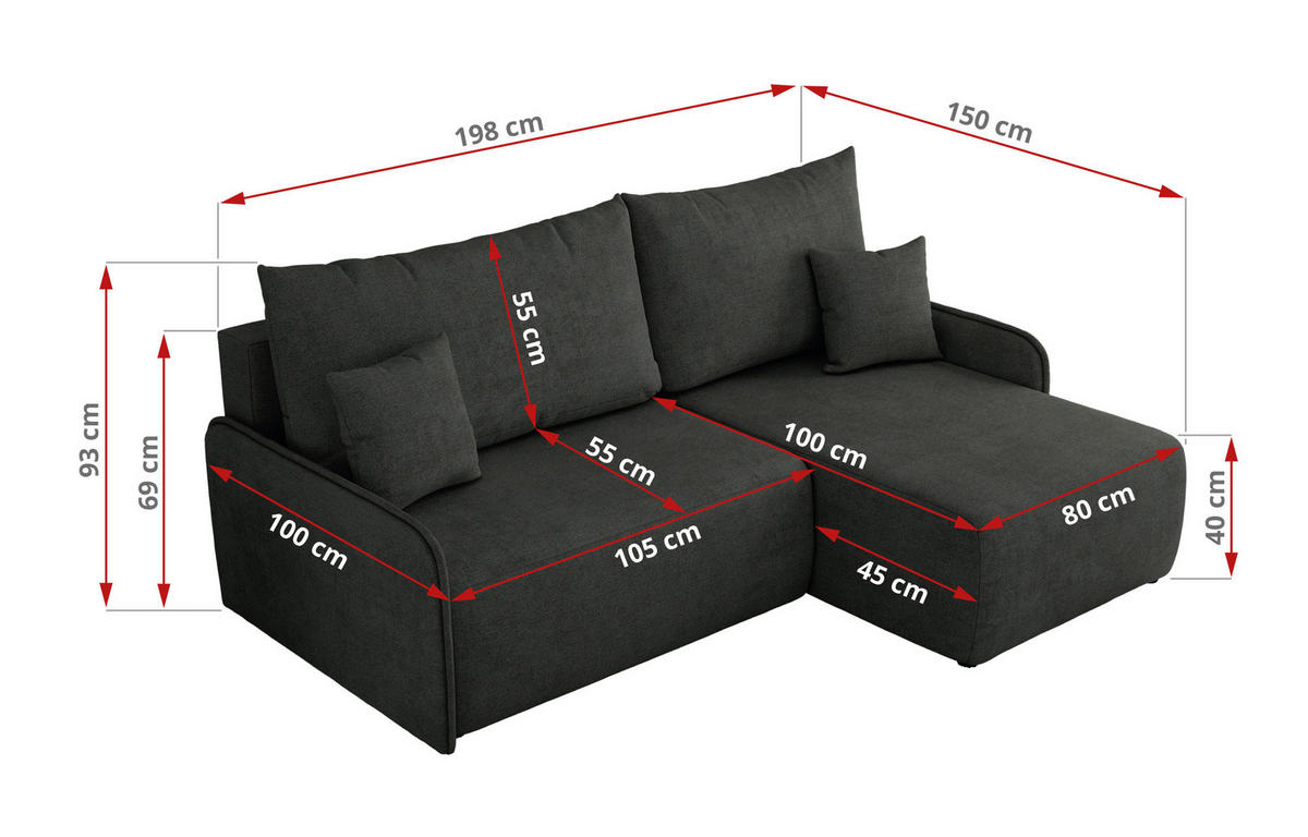 ECKSCHLAFSOFA ARPA L Dunkelgrau Struktur - links - Dunkelgrau/Schwarz, Kunststoff/Textil (198/150cm) - MKS
