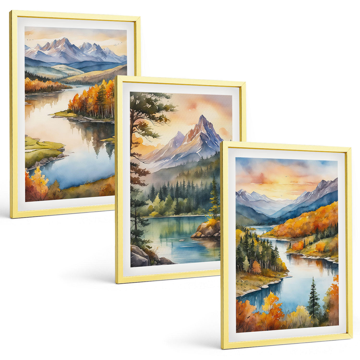 BILDER SET 3er Set - 40x60 cm Goldrahmen - Berglandschaften mit einem Fluss - Goldfarben, Kunststoff (40/60cm) - TULUP