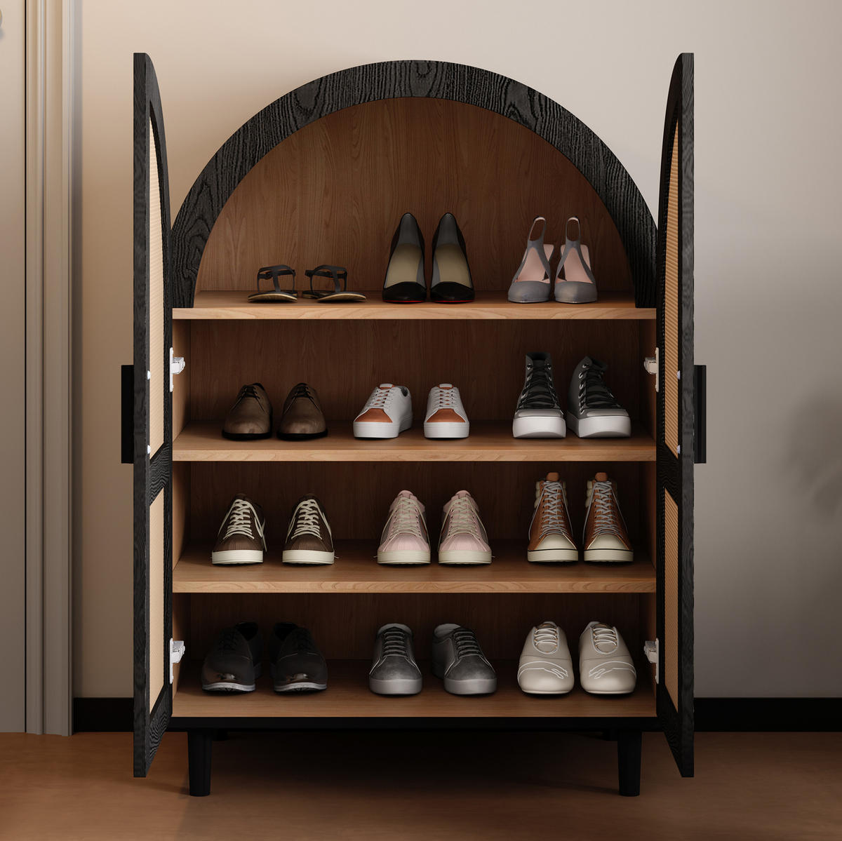 SCHUHSCHRANK 70/40/100 cm in Natur/Schwarz mit Rattantüren und verstellbaren Einlegeböden - Naturfarben, Holzwerkstoff (70/40/100cm) - Flora Grace