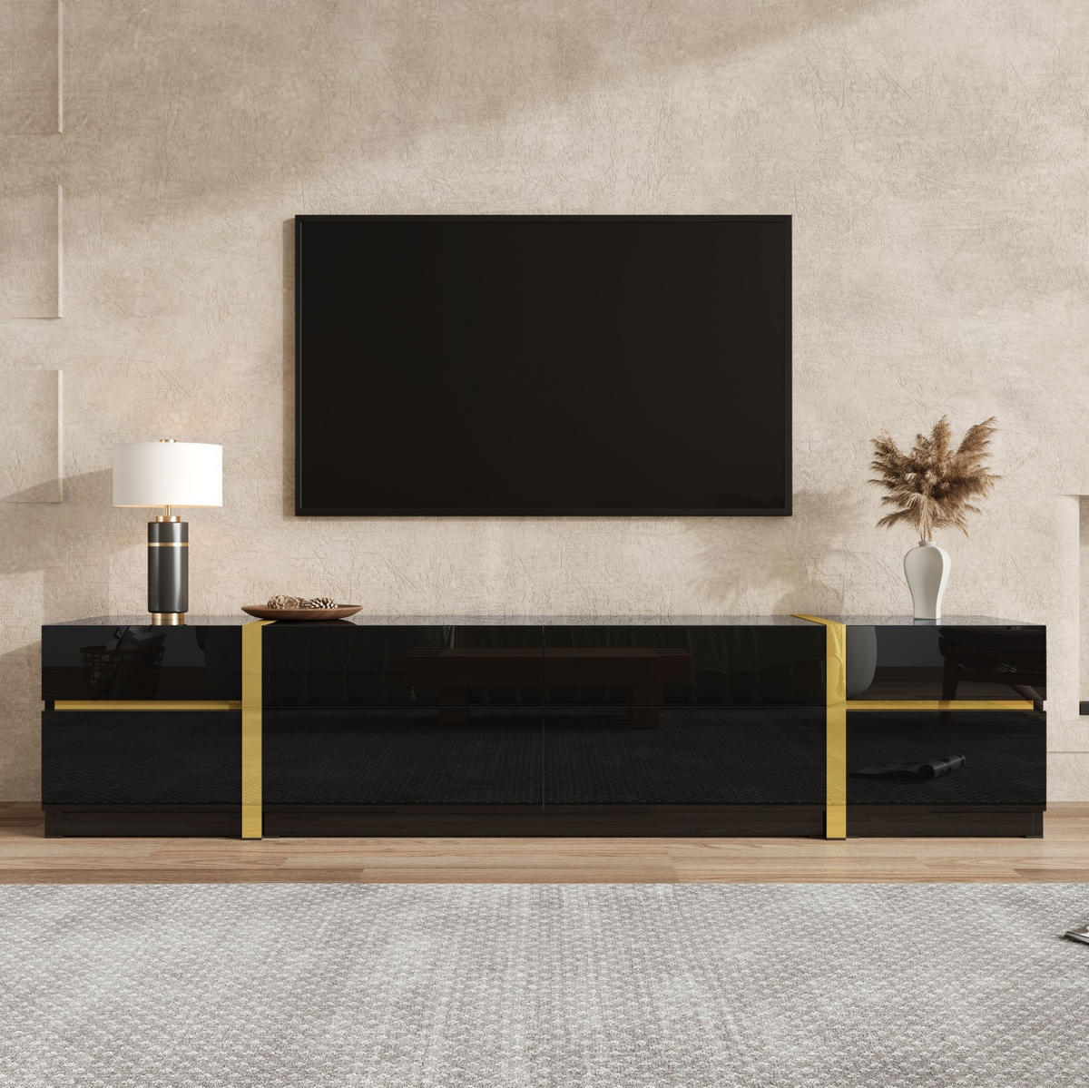 TV stolek z MDF a dřevotřísky 180x40x38 cm černý se 4 zásuvkami a 2 dvířky, vysoký lesk a zlaté detaily - černá, kompozitní dřevo (180/38/40cm) - Modfu