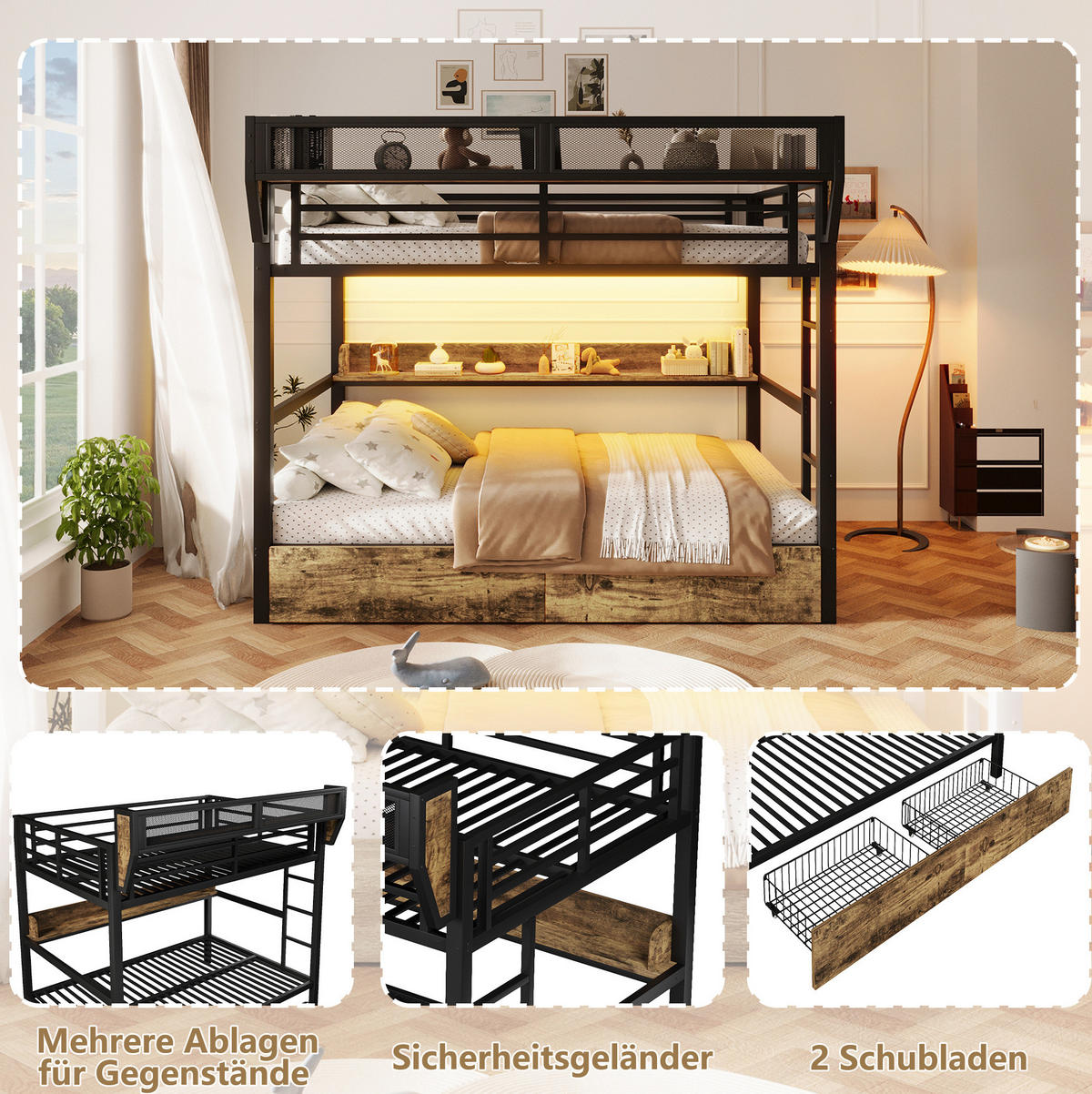 ETAGENBETT 140/200 cm aus Metall und MDF mit LED-Licht und Stauraum Schwarz - Schwarz, Holzwerkstoff (140/200cm) - Modenvie