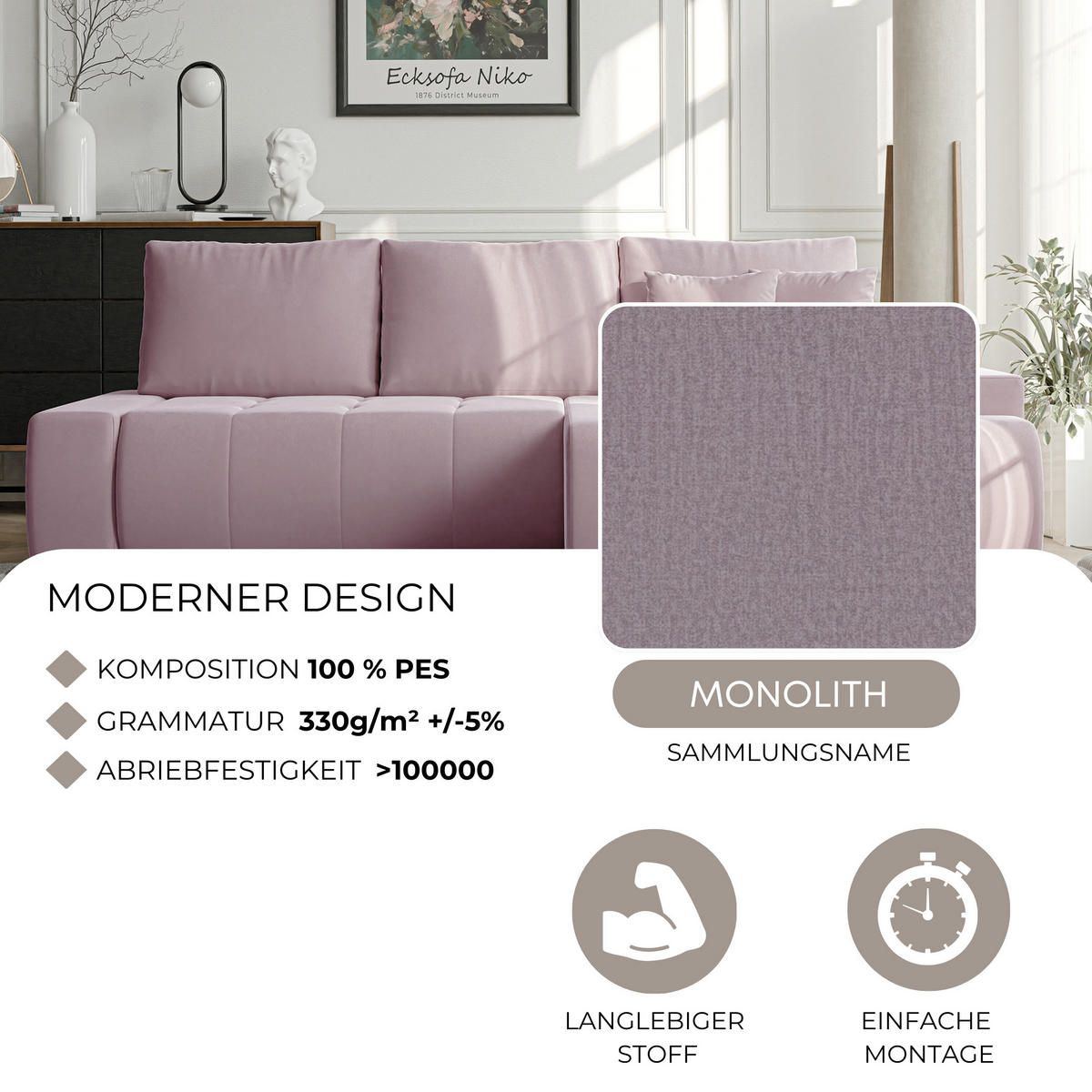 ECKSOFA NIKO Links, mit Schlaffunktion und Bettkasten, Rosa - Rosa, Textil (227/153cm) - Idohome