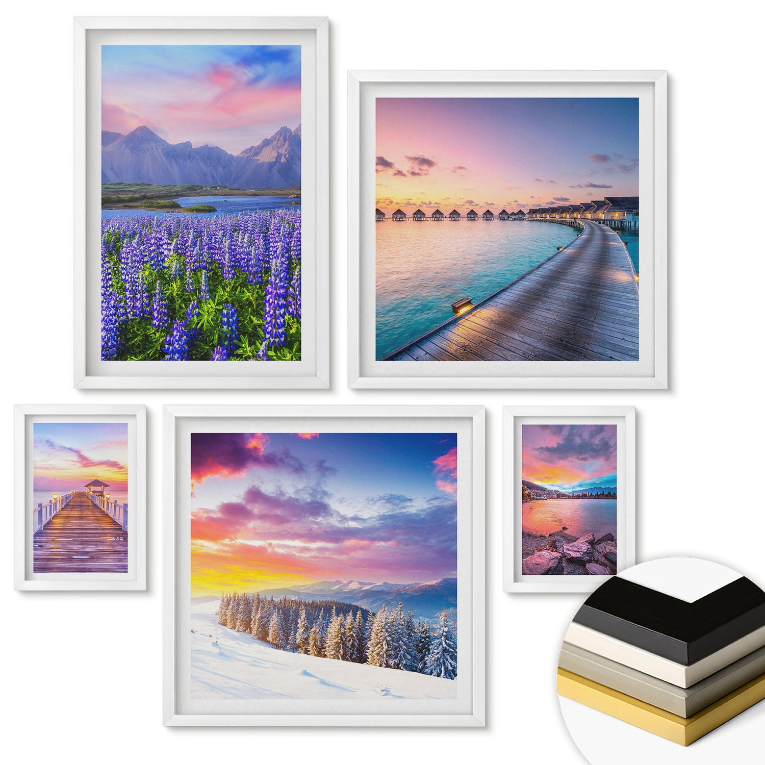 WANDBILDER 5er-Set - 50x50 cm & 20x30 cm & 40x60 cm Weißer Rahmen - Winterlandschaft des Pierbergs - Weiß, Kunststoff (40/60cm) - ArtPrintCave