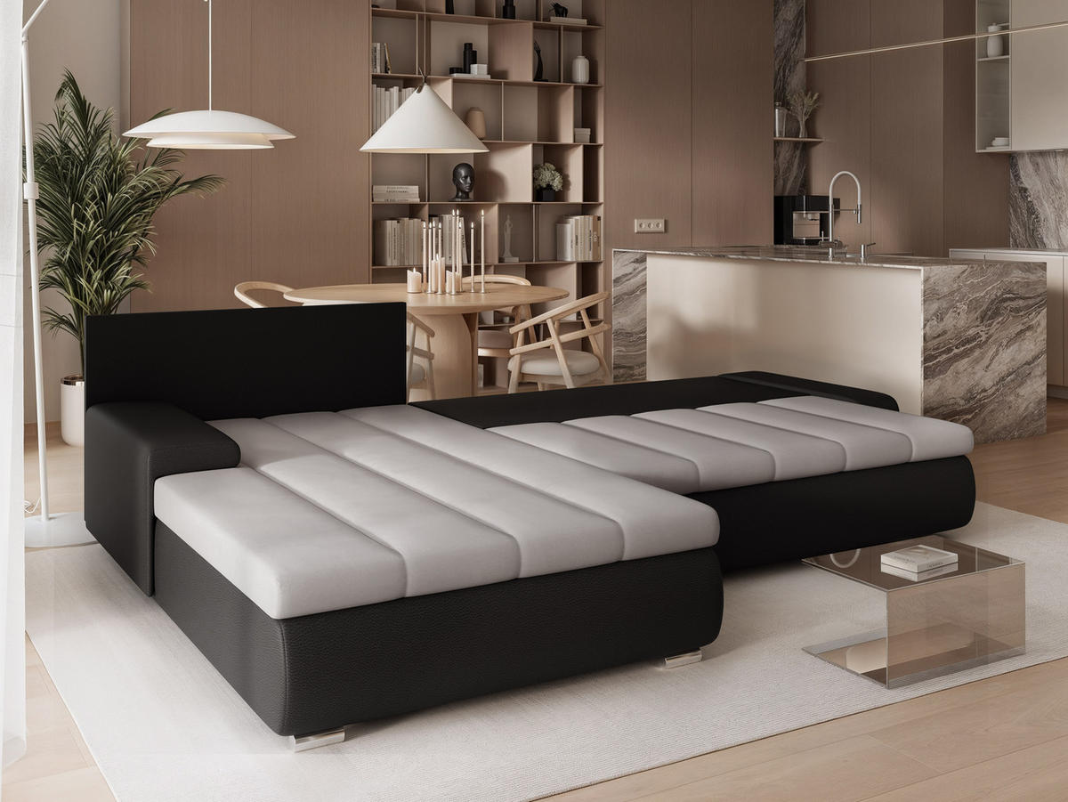 ECKSOFA VELANO mit Schlaffunktion und Bettkasten Schwarz/Hellgrau - Hellgrau, Holzwerkstoff/Kunststoff (250/90cm) - Idohome