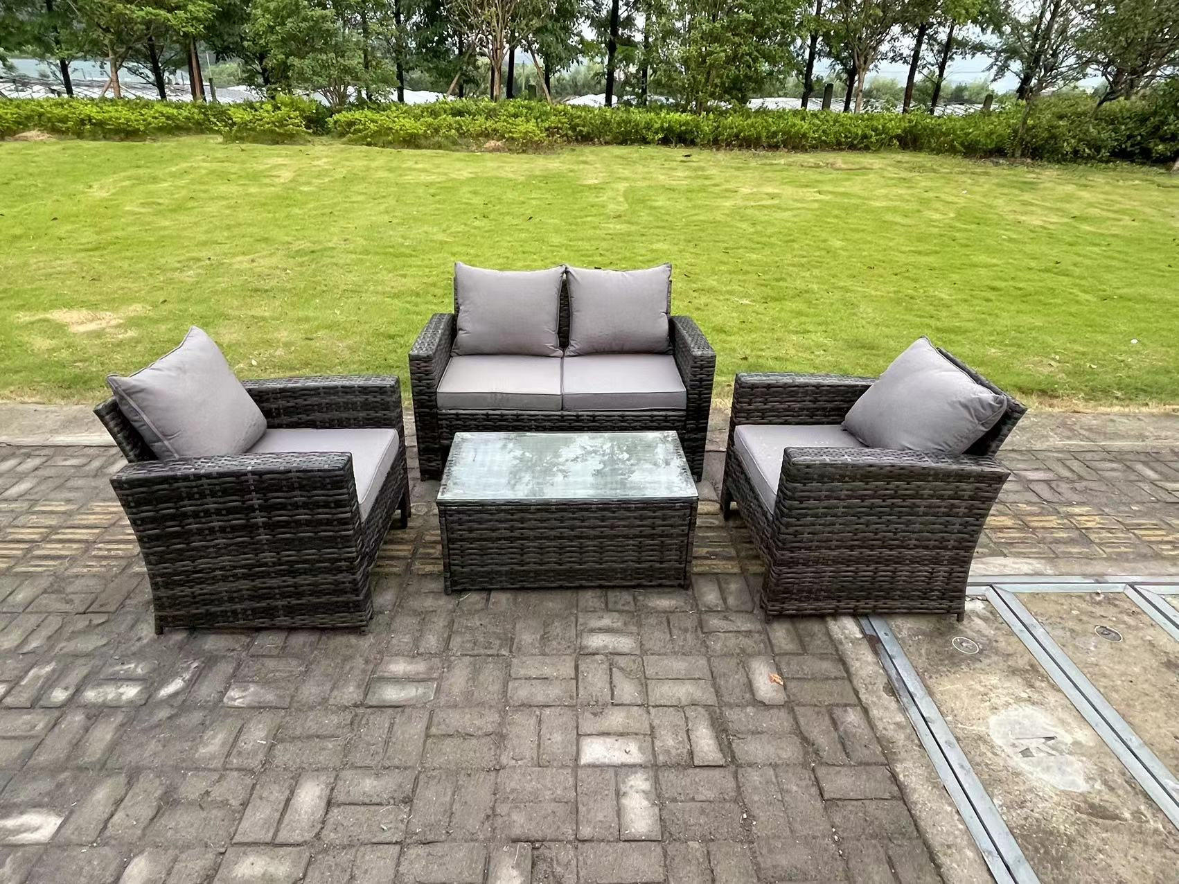 GARTENMÖBEL-SET mit Couchtisch Polyrattan Dunkelgrau 4-Sitzer - Dunkelgrau, Metall - Fimous