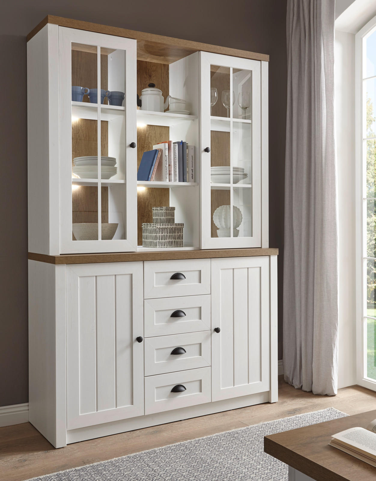 BUFFETSCHRANK weiß Pinie, Eiche hell Landhaus, Buffet 130 x 198 cm - Eichefarben/Schwarz, Holzwerkstoff/Metall (130/198/43cm) - Furn.Design